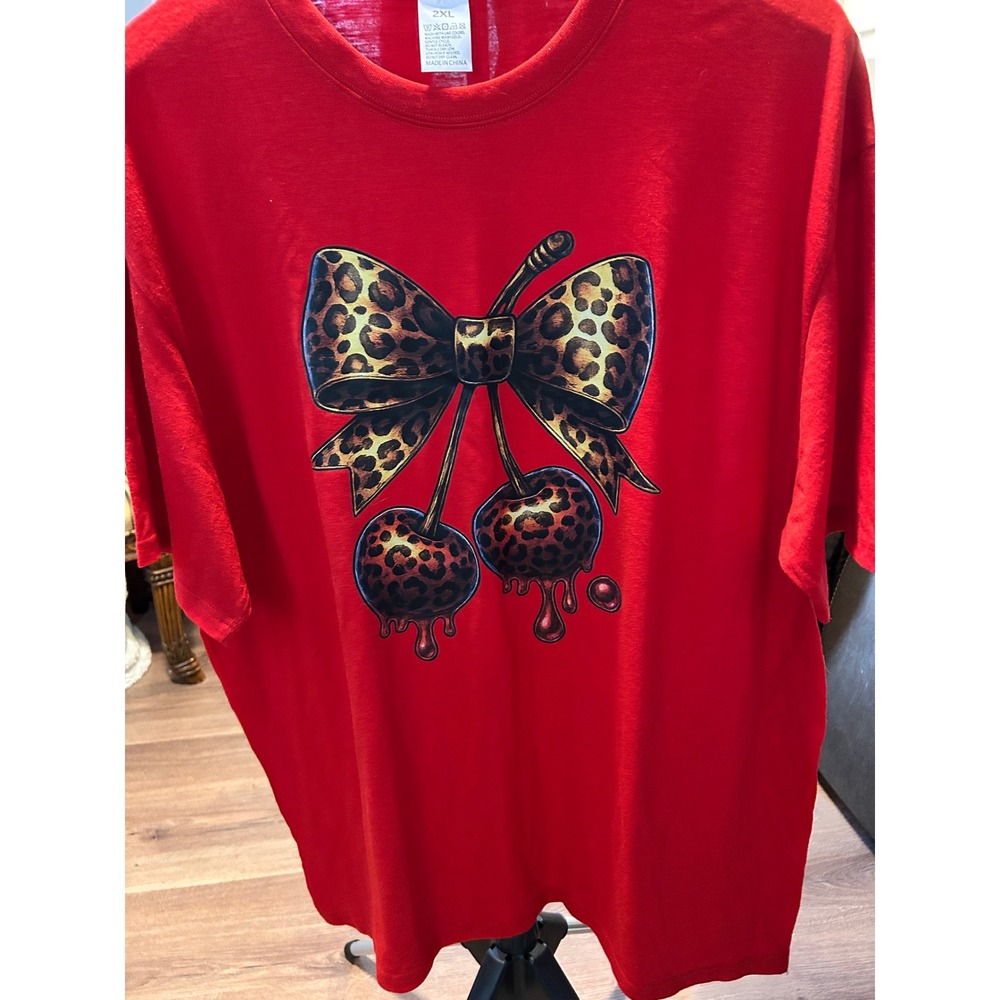 Leopard Print Cherry Bow Graphic‎ T-Shirt Red Short Sleeve Crewneck Womens 2XL